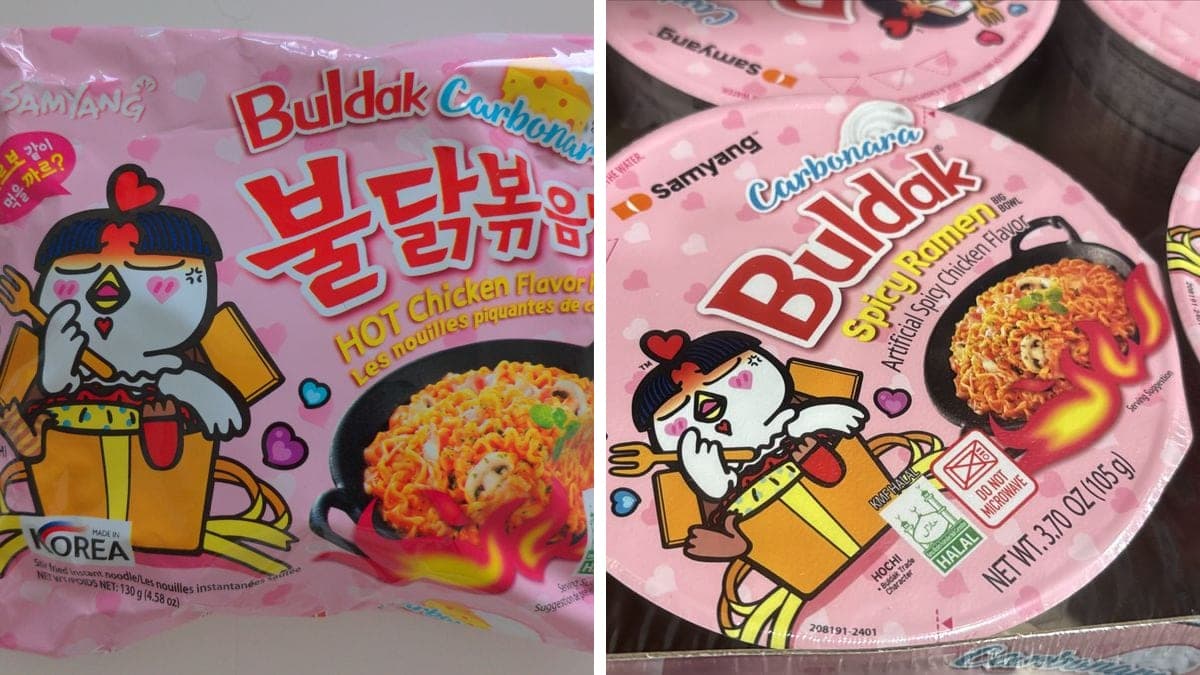 Un sachet rose Buldak Carbonara de 130 g, à côté du couvercle d'un Big Bowl Buldak Carbonara de 105 g vendu aux États-Unis